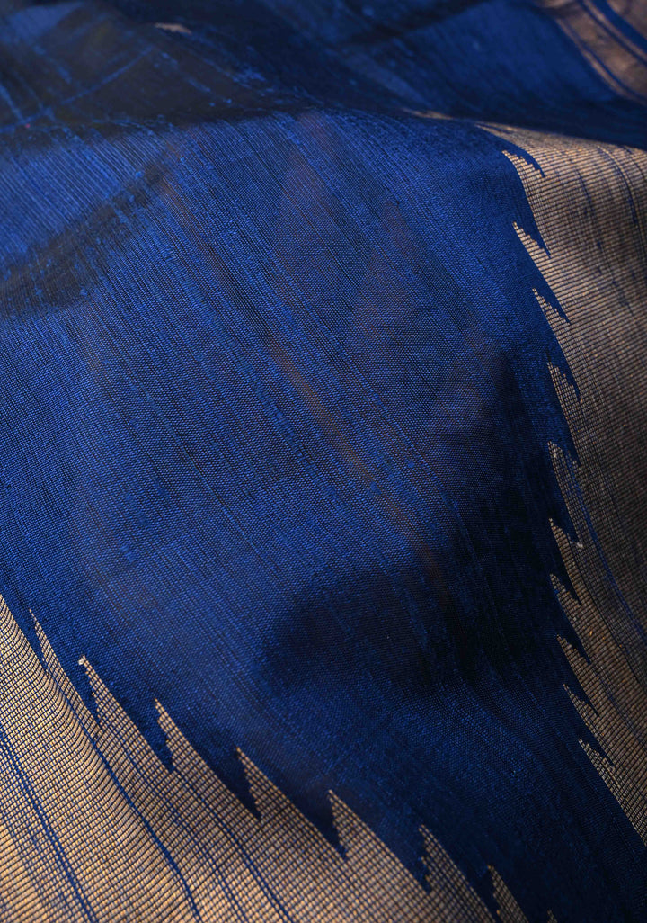 Navy Blue Tussar Silk saree with Zari Buttas and Temple Border | SILK MARK CERTIFIED