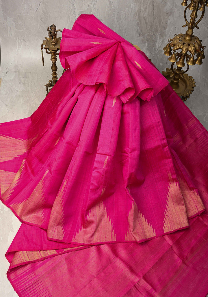 Pink Tussar Silk saree with Zari Buttas and Temple Border | SILK MARK CERTIFIED