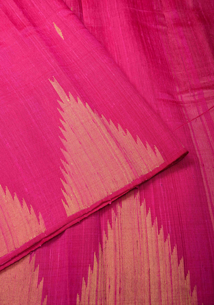 Pink Tussar Silk saree with Zari Buttas and Temple Border | SILK MARK CERTIFIED