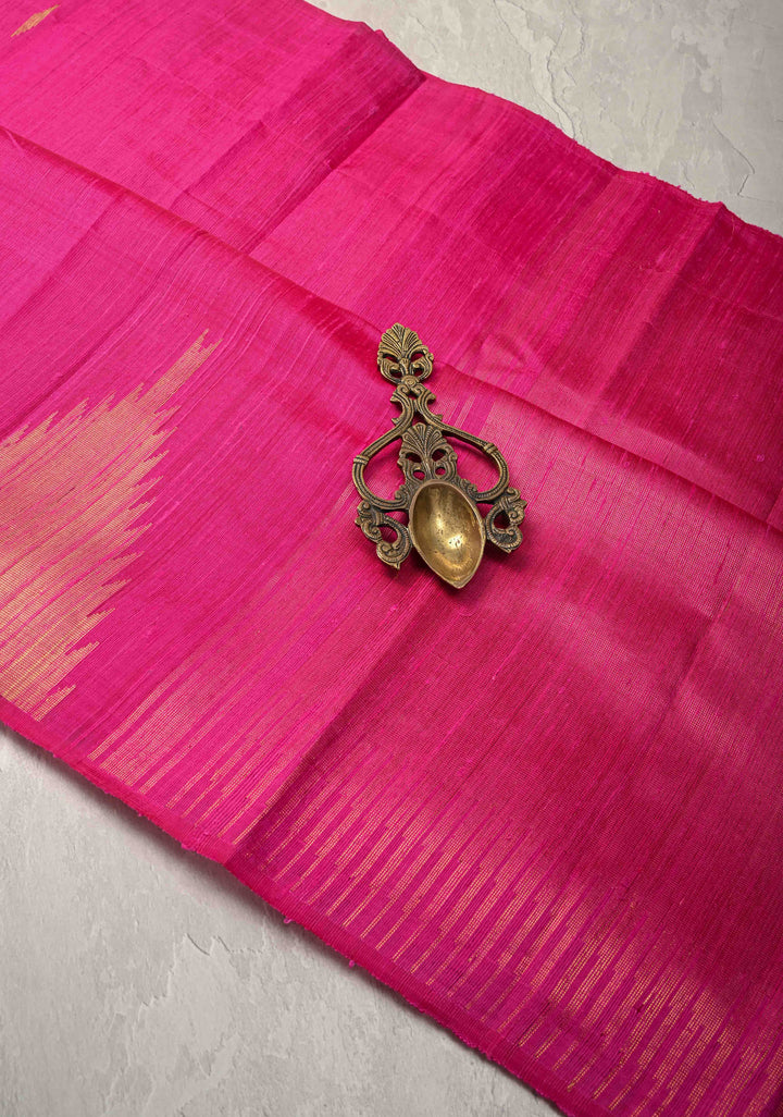 Pink Tussar Silk saree with Zari Buttas and Temple Border | SILK MARK CERTIFIED