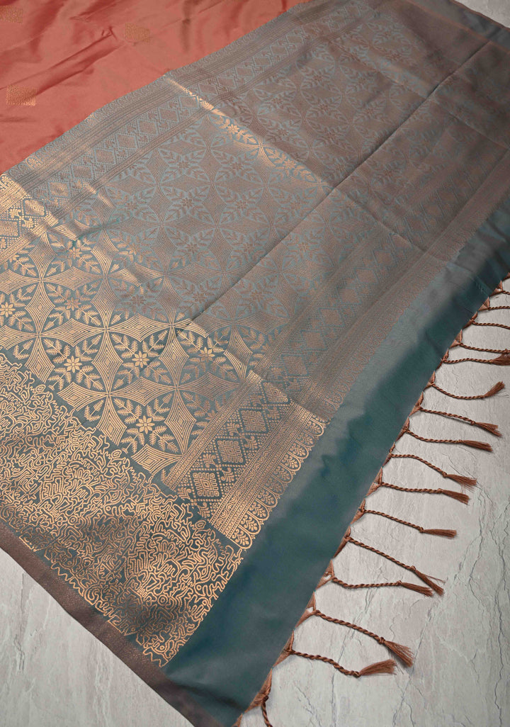 Rose Taupe Kanchi Semi Silk Saree with Geometric Buttas and Abstract Zari Border
