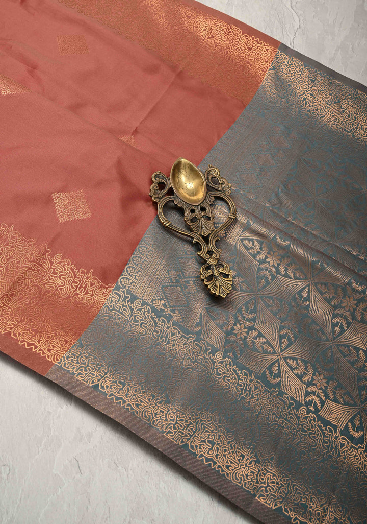Rose Taupe Kanchi Semi Silk Saree with Geometric Buttas and Abstract Zari Border
