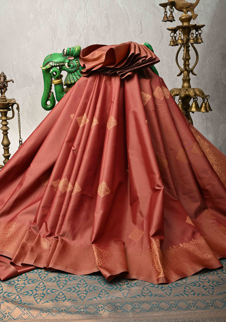 Rose Taupe Kanchi Semi Silk Saree with Geometric Buttas and Abstract Zari Border