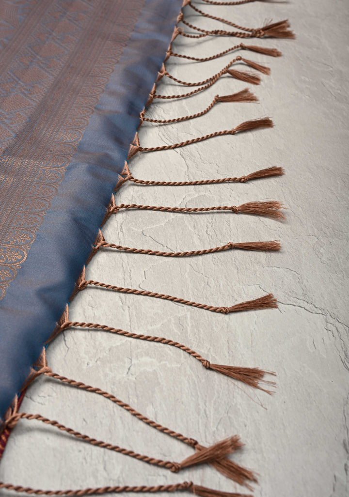 Mulberry Kanchi Semi Silk Saree with Geometric Buttas and Abstract Zari Border