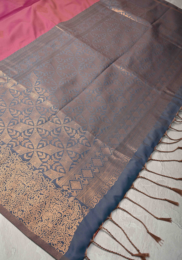 Mulberry Kanchi Semi Silk Saree with Geometric Buttas and Abstract Zari Border