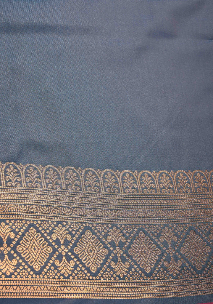 Mulberry Kanchi Semi Silk Saree with Geometric Buttas and Abstract Zari Border