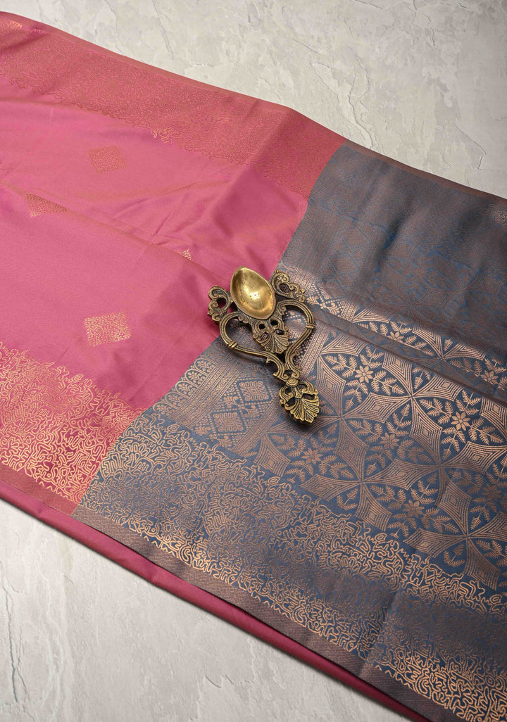 Mulberry Kanchi Semi Silk Saree with Geometric Buttas and Abstract Zari Border