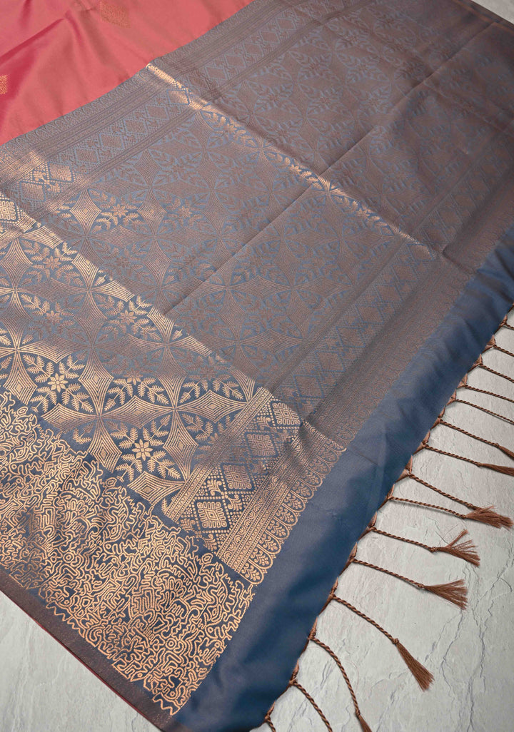 Rose Vale Kanchi Semi Silk Saree with Geometric Buttas and Abstract Zari Border