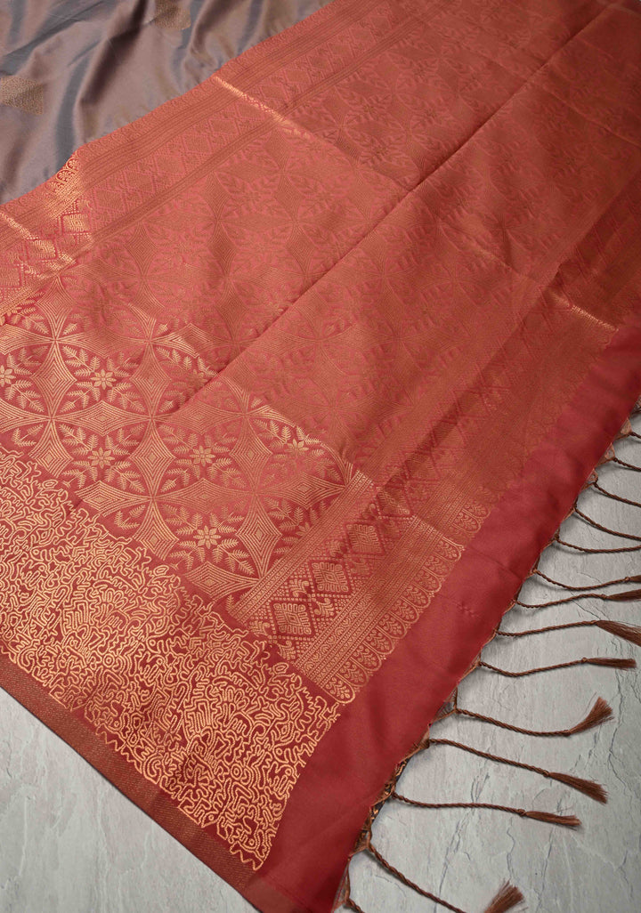 Mauve Taupe  Kanchi Semi Silk Saree with Geometric Buttas and Abstract Zari Border