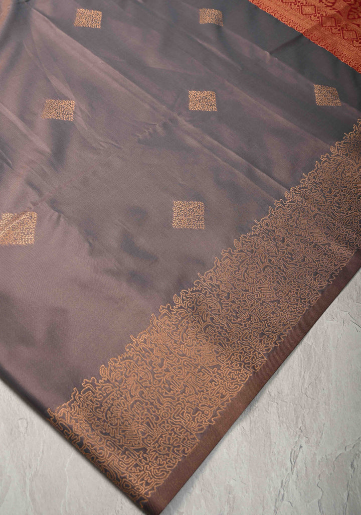 Mauve Taupe  Kanchi Semi Silk Saree with Geometric Buttas and Abstract Zari Border