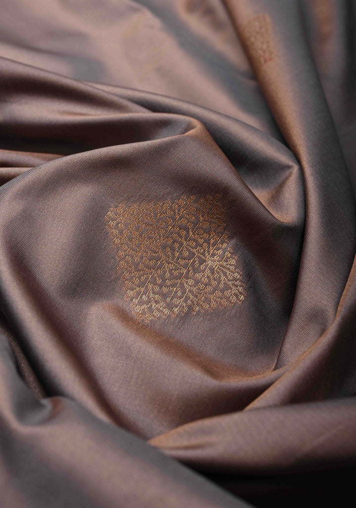 Mauve Taupe  Kanchi Semi Silk Saree with Geometric Buttas and Abstract Zari Border