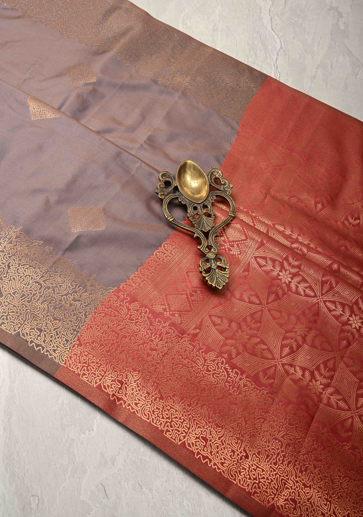 Mauve Taupe  Kanchi Semi Silk Saree with Geometric Buttas and Abstract Zari Border