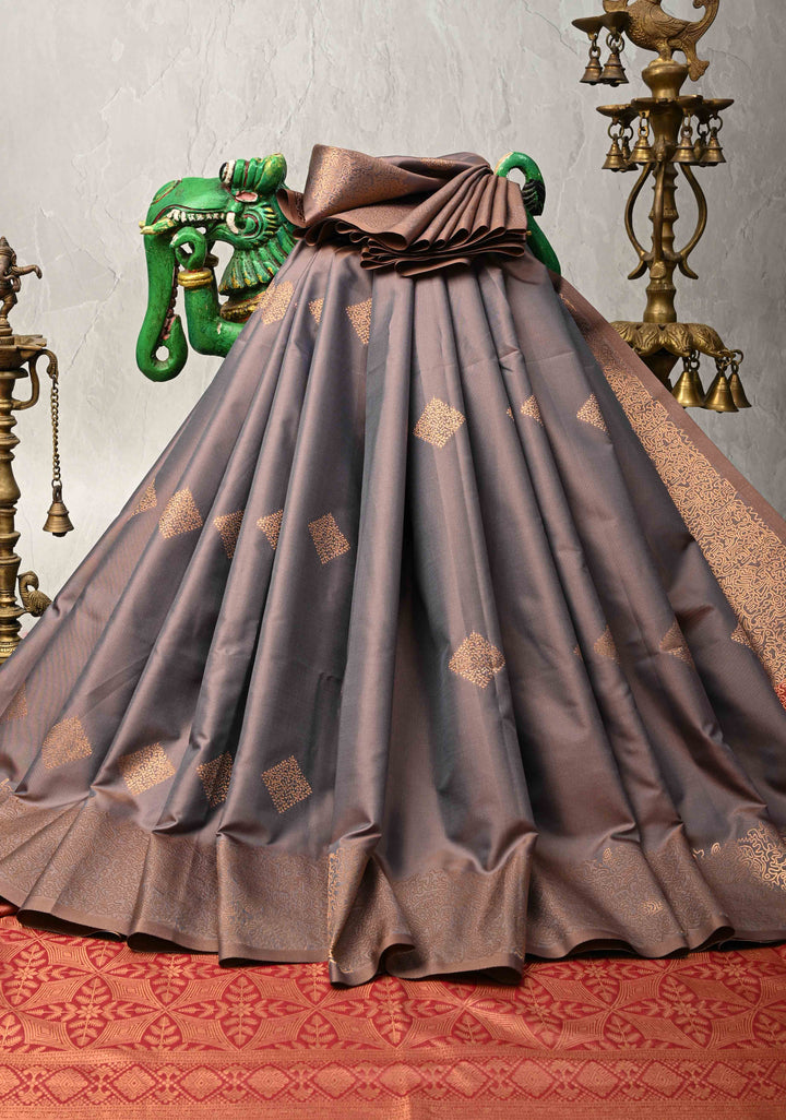 Mauve Taupe  Kanchi Semi Silk Saree with Geometric Buttas and Abstract Zari Border