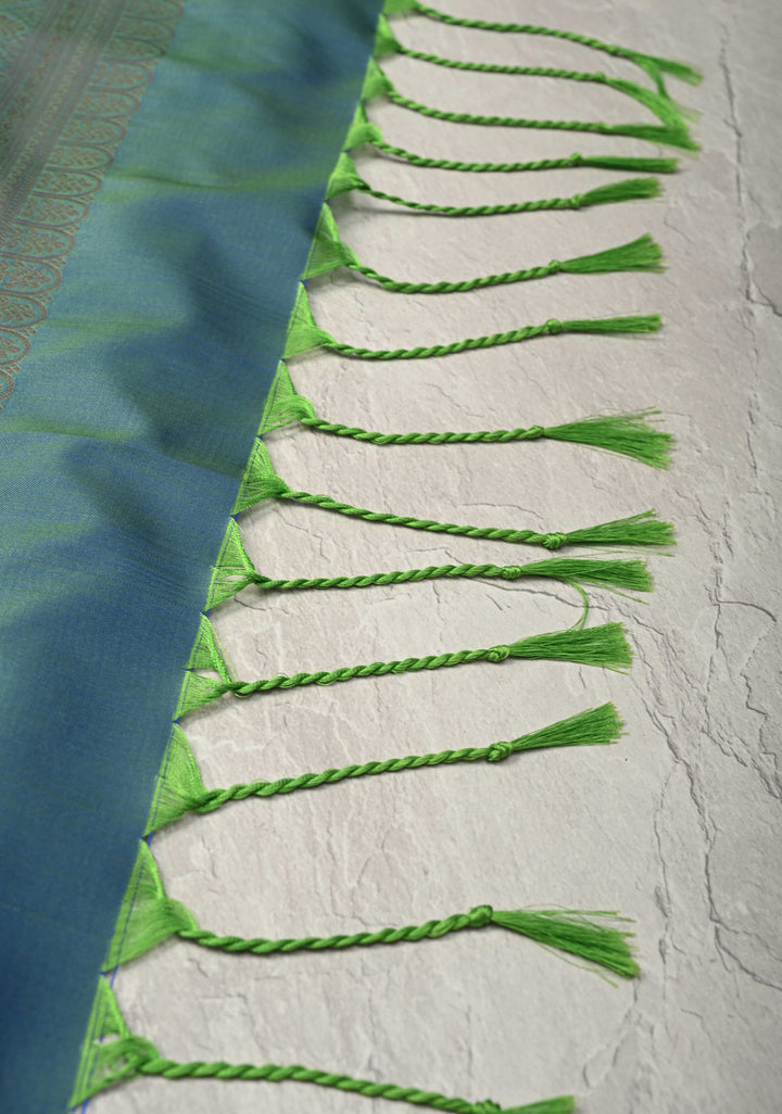 Green Pink Dual Tone  Kanchi Semi Silk Saree with Geometric Buttas and Abstract Zari Border