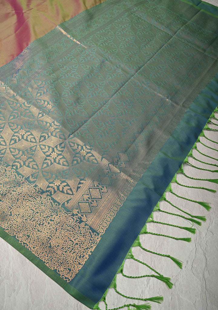 Green Pink Dual Tone  Kanchi Semi Silk Saree with Geometric Buttas and Abstract Zari Border