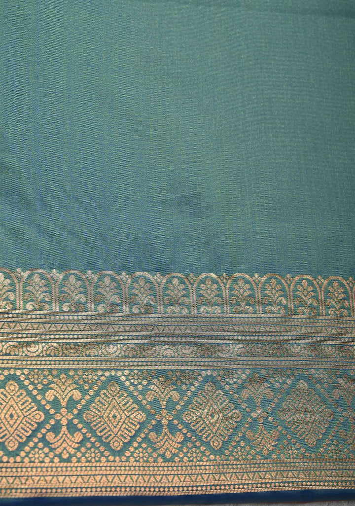 Green Pink Dual Tone  Kanchi Semi Silk Saree with Geometric Buttas and Abstract Zari Border