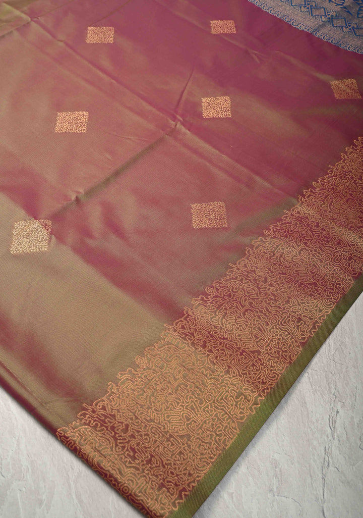 Green Pink Dual Tone  Kanchi Semi Silk Saree with Geometric Buttas and Abstract Zari Border