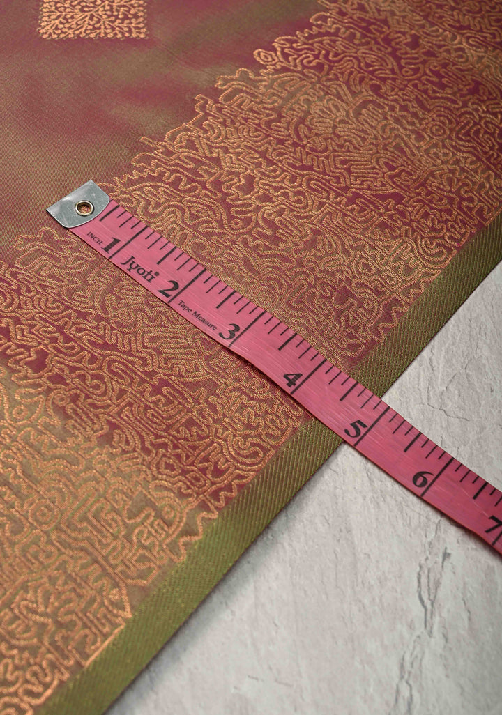 Green Pink Dual Tone  Kanchi Semi Silk Saree with Geometric Buttas and Abstract Zari Border