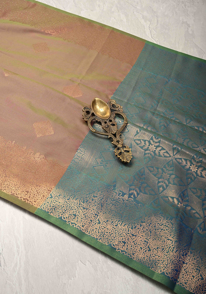 Green Pink Dual Tone  Kanchi Semi Silk Saree with Geometric Buttas and Abstract Zari Border