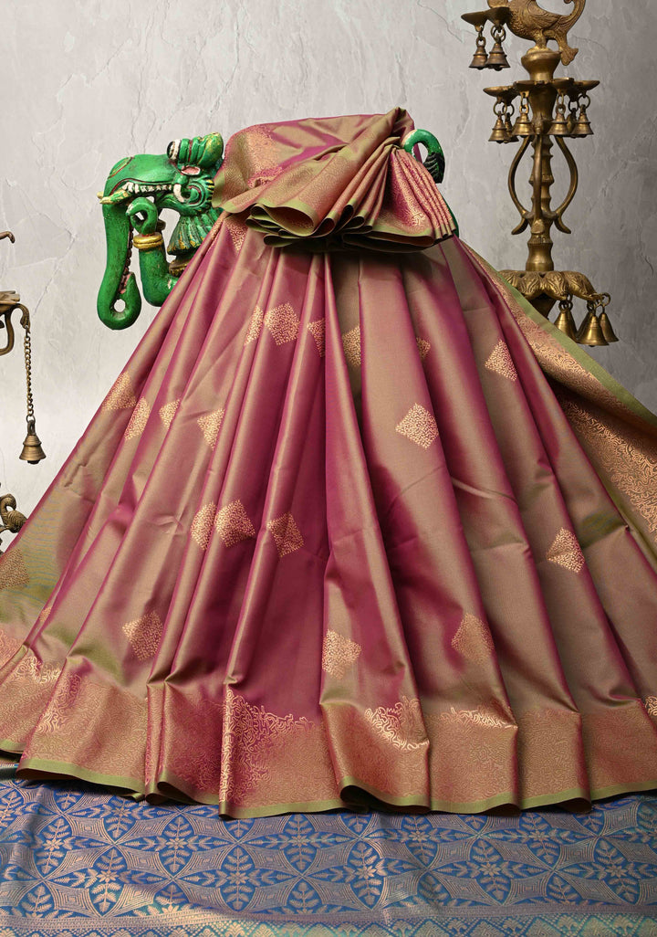 Green Pink Dual Tone  Kanchi Semi Silk Saree with Geometric Buttas and Abstract Zari Border