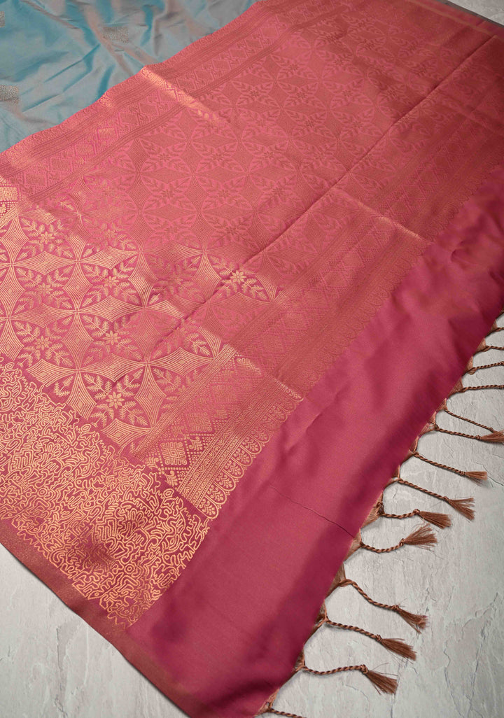 Teal Dual Tone Kanchi Semi Silk Saree with Geometric Buttas and Abstract Zari Border