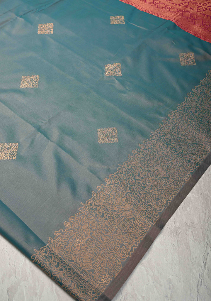 Teal Dual Tone Kanchi Semi Silk Saree with Geometric Buttas and Abstract Zari Border