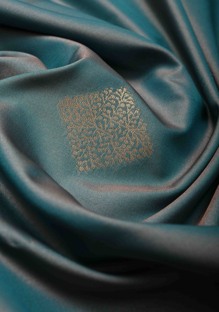 Teal Dual Tone Kanchi Semi Silk Saree with Geometric Buttas and Abstract Zari Border