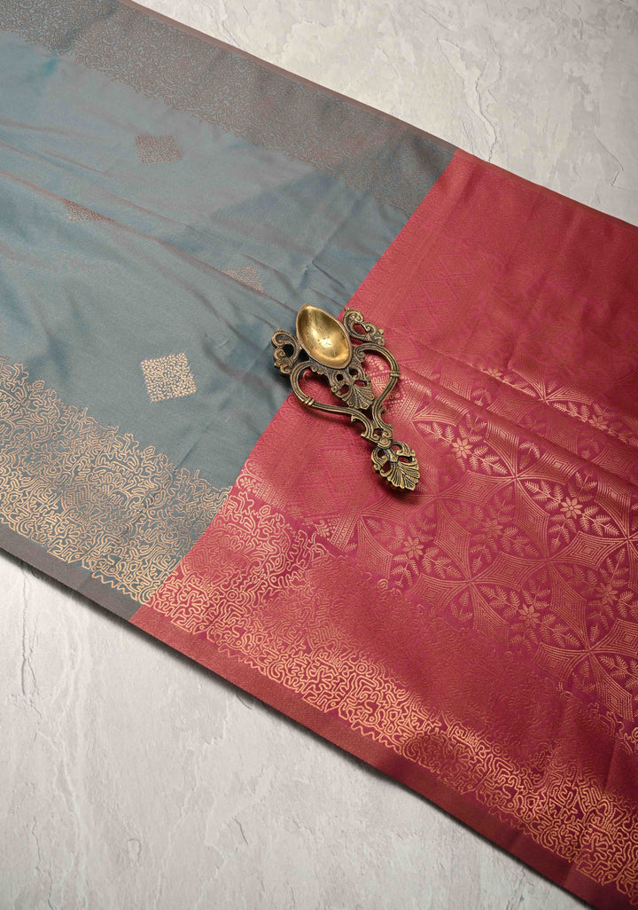 Teal Dual Tone Kanchi Semi Silk Saree with Geometric Buttas and Abstract Zari Border