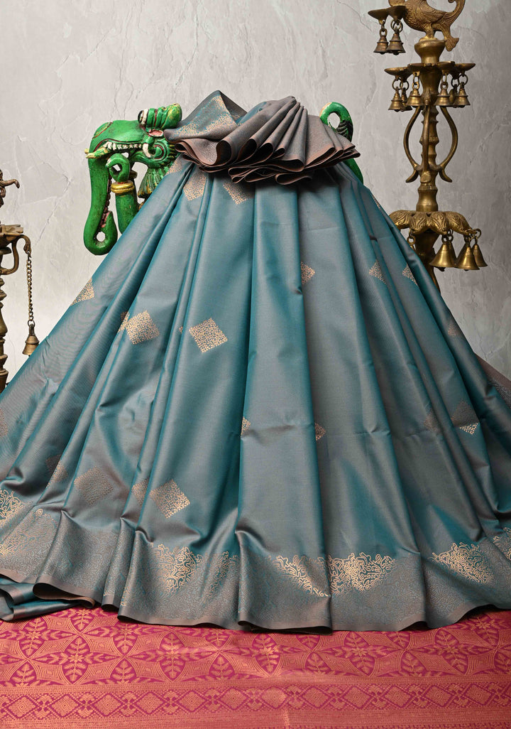 Teal Dual Tone Kanchi Semi Silk Saree with Geometric Buttas and Abstract Zari Border