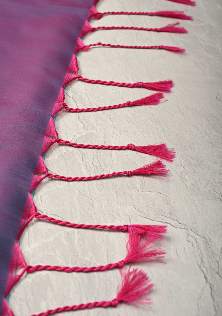 Hot Pink Kanchi Semi Silk Saree with Geometric Buttas and Abstract Zari Border