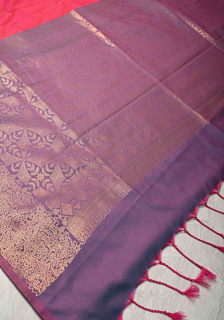 Hot Pink Kanchi Semi Silk Saree with Geometric Buttas and Abstract Zari Border