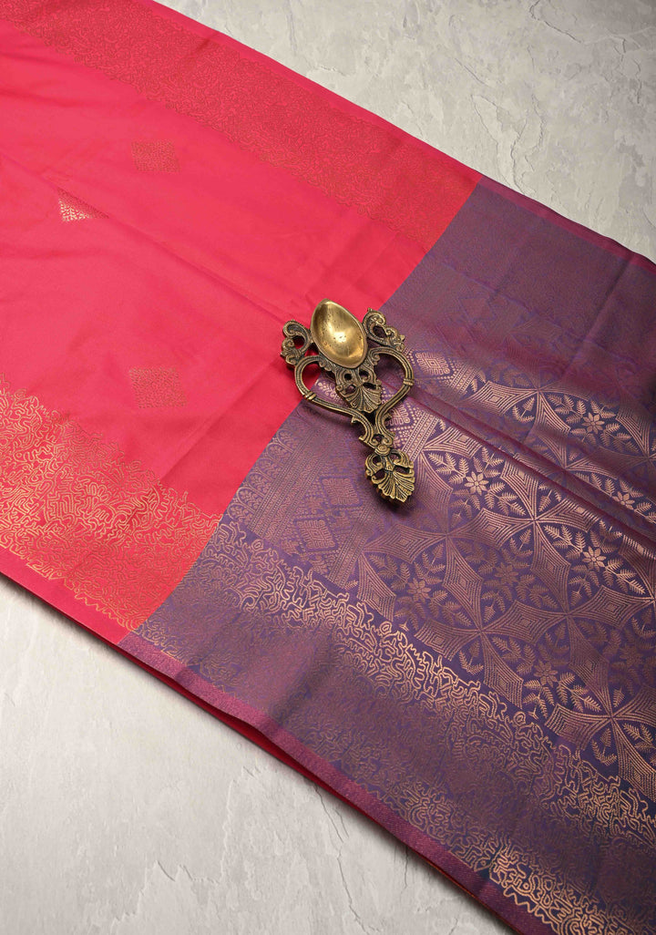 Hot Pink Kanchi Semi Silk Saree with Geometric Buttas and Abstract Zari Border