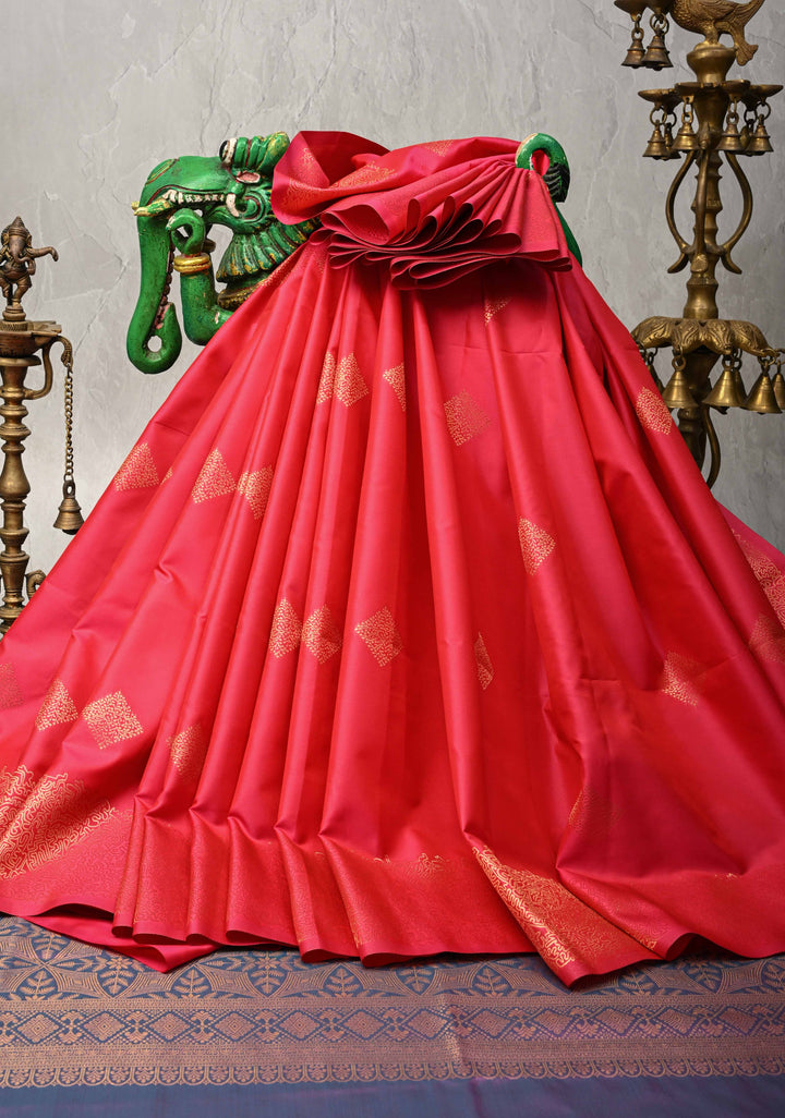 Hot Pink Kanchi Semi Silk Saree with Geometric Buttas and Abstract Zari Border