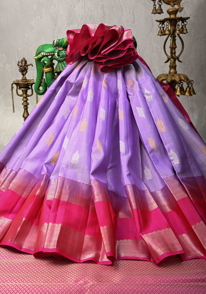 Lilac Kanjivaram Pure Silk Saree with Gold and Silver zari Buttas and Wide Contrast Rettaipet Border | SILK MARK CERTIFIED