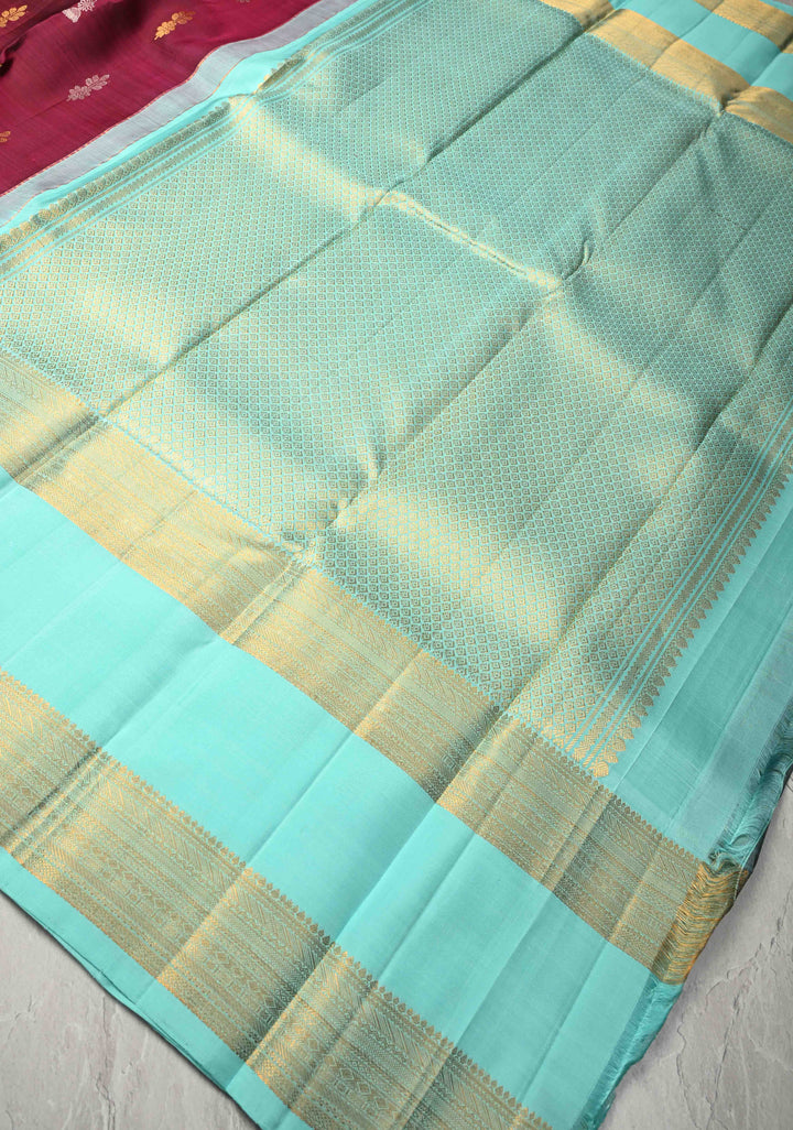 Maroon Kanjivaram Pure Silk Saree with Gold and Silver Buttas and Contrast Wide Rettaipet zari Border | SILK MARK CERTIFIED