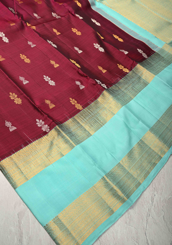 Maroon Kanjivaram Pure Silk Saree with Gold and Silver Buttas and Contrast Wide Rettaipet zari Border | SILK MARK CERTIFIED