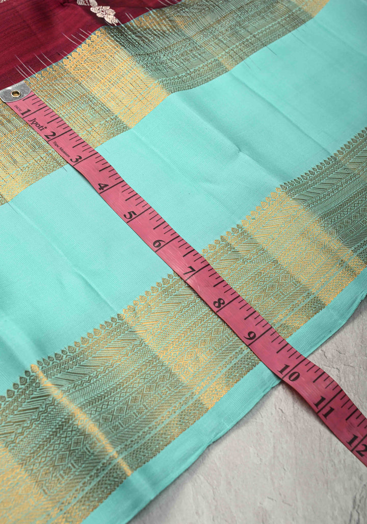 Maroon Kanjivaram Pure Silk Saree with Gold and Silver Buttas and Contrast Wide Rettaipet zari Border | SILK MARK CERTIFIED