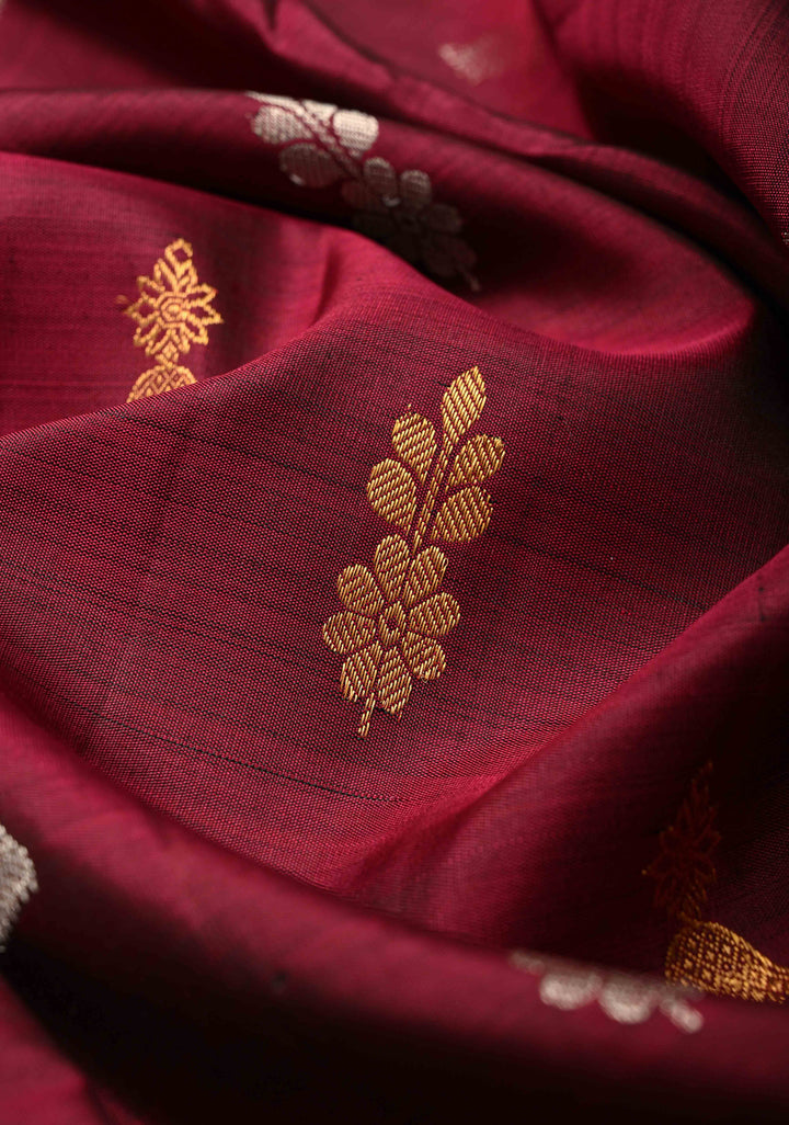 Maroon Kanjivaram Pure Silk Saree with Gold and Silver Buttas and Contrast Wide Rettaipet zari Border | SILK MARK CERTIFIED