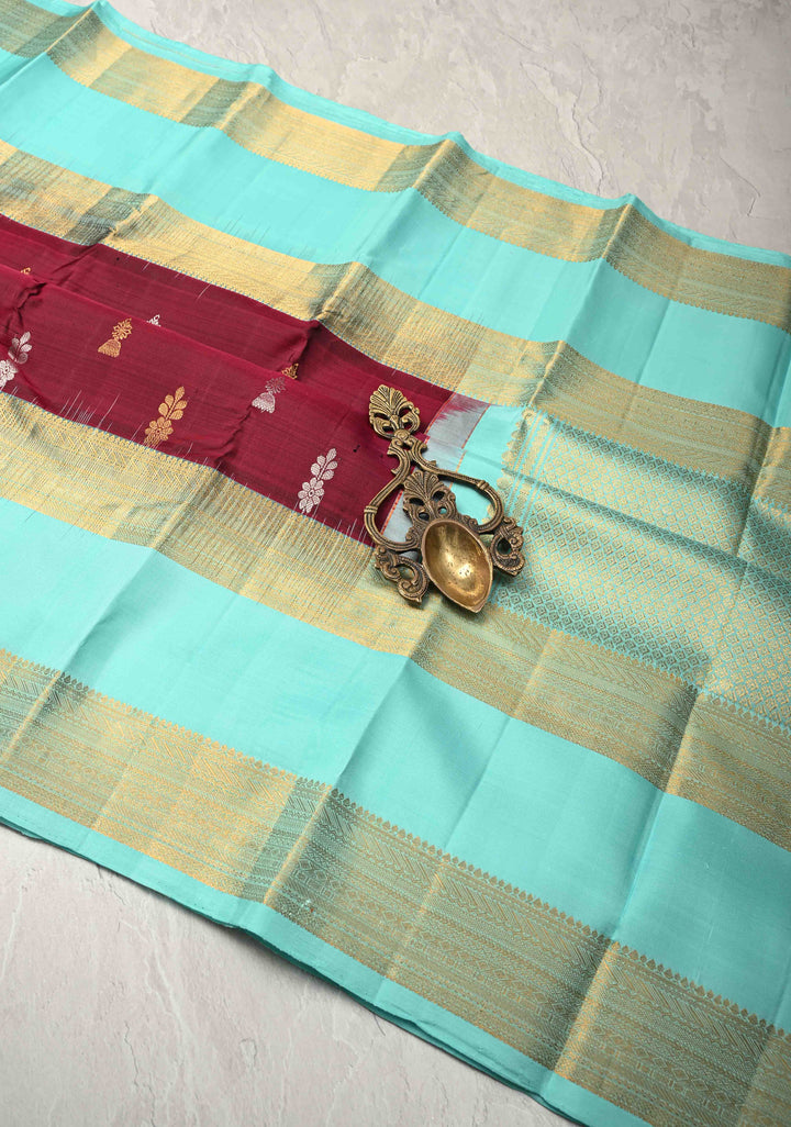 Maroon Kanjivaram Pure Silk Saree with Gold and Silver Buttas and Contrast Wide Rettaipet zari Border | SILK MARK CERTIFIED