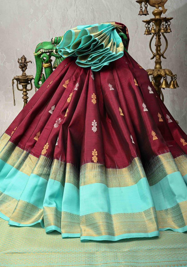 Maroon Kanjivaram Pure Silk Saree with Gold and Silver Buttas and Contrast Wide Rettaipet zari Border | SILK MARK CERTIFIED
