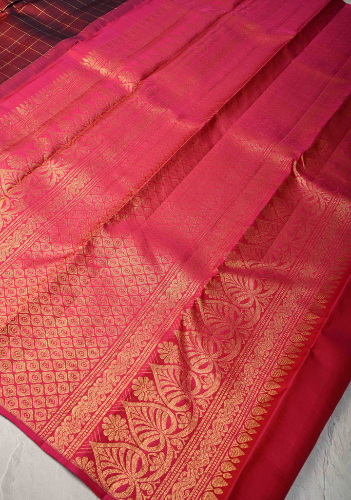 Maroon Dual tone Pure Kanjivaram Silk Saree with Zari Checks and Zari Buttas on Pink Border | SILK MARK CERTIFIED