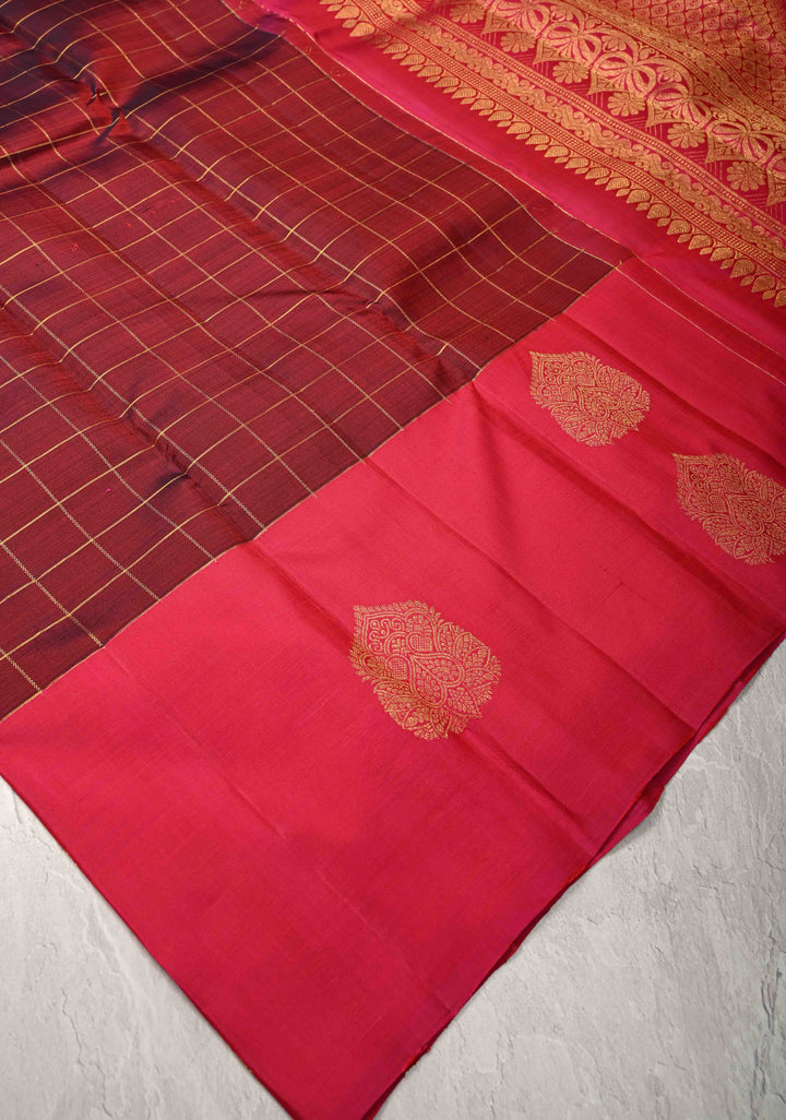 Maroon Dual tone Pure Kanjivaram Silk Saree with Zari Checks and Zari Buttas on Pink Border | SILK MARK CERTIFIED