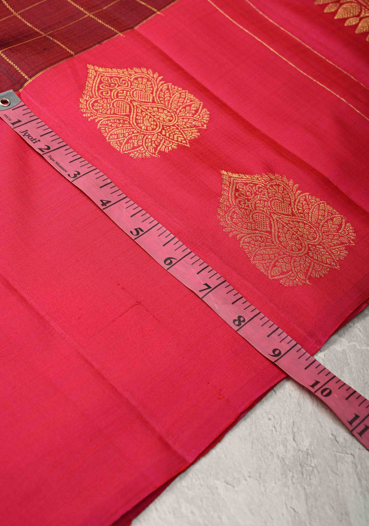 Maroon Dual tone Pure Kanjivaram Silk Saree with Zari Checks and Zari Buttas on Pink Border | SILK MARK CERTIFIED