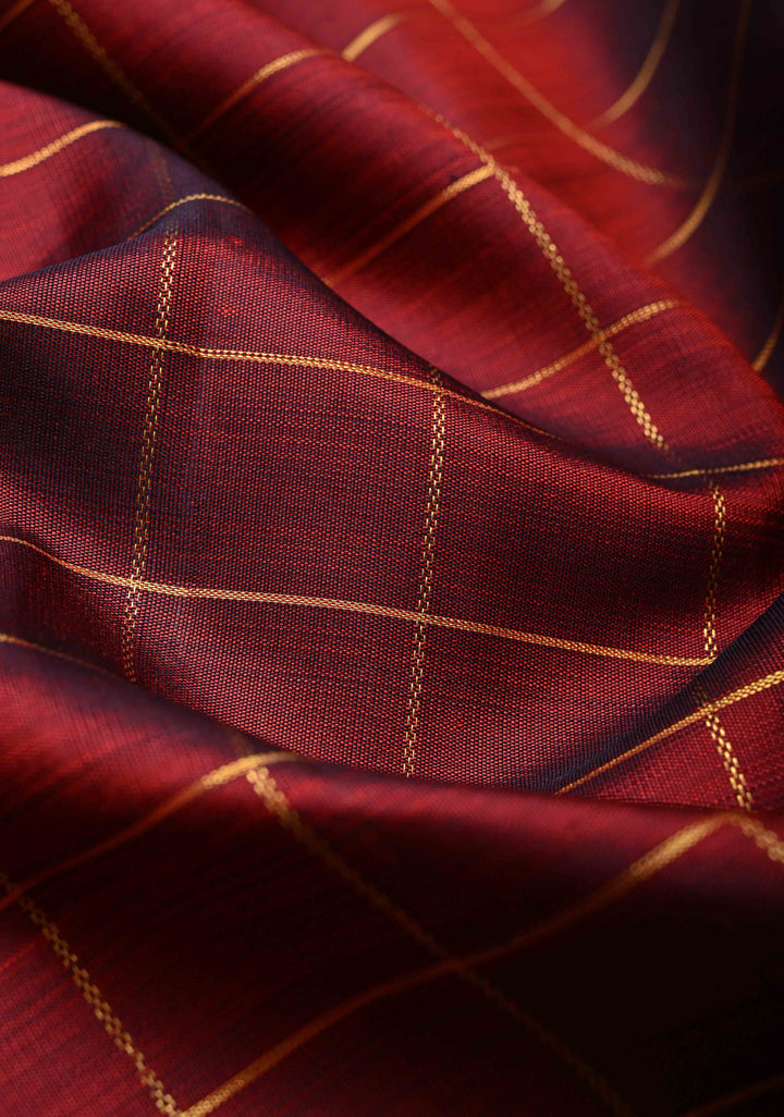 Maroon Dual tone Pure Kanjivaram Silk Saree with Zari Checks and Zari Buttas on Pink Border | SILK MARK CERTIFIED