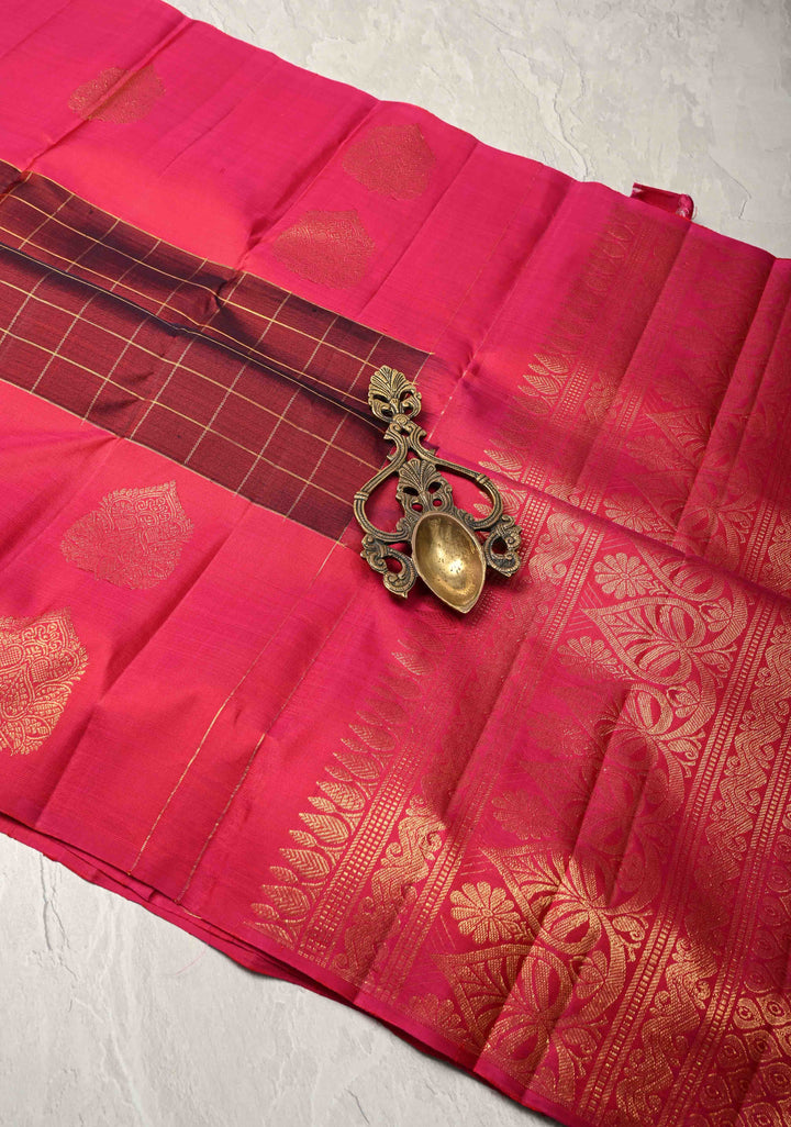 Maroon Dual tone Pure Kanjivaram Silk Saree with Zari Checks and Zari Buttas on Pink Border | SILK MARK CERTIFIED