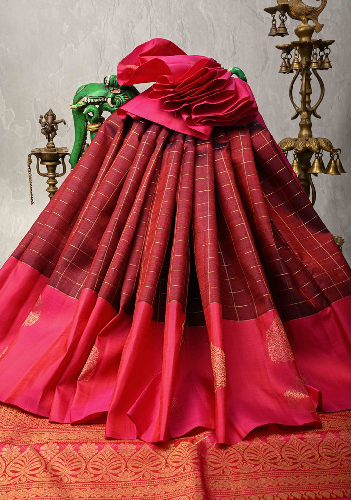 Maroon Dual tone Pure Kanjivaram Silk Saree with Zari Checks and Zari Buttas on Pink Border | SILK MARK CERTIFIED