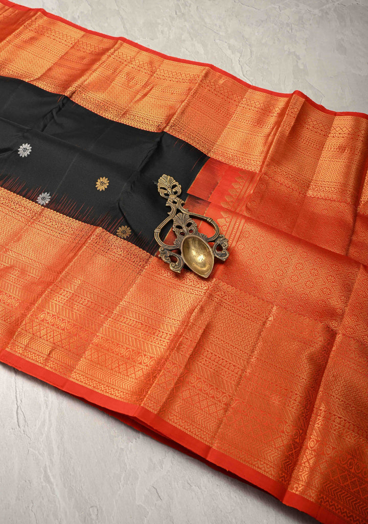 Black Pure Kanjivaram Silk Saree with Gold-Silver Buttas and Contrast Wide Zari Border | SILK MARK CERTIFIED