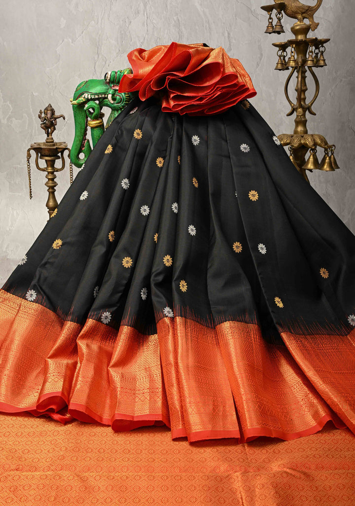 Black Pure Kanjivaram Silk Saree with Gold-Silver Buttas and Contrast Wide Zari Border | SILK MARK CERTIFIED