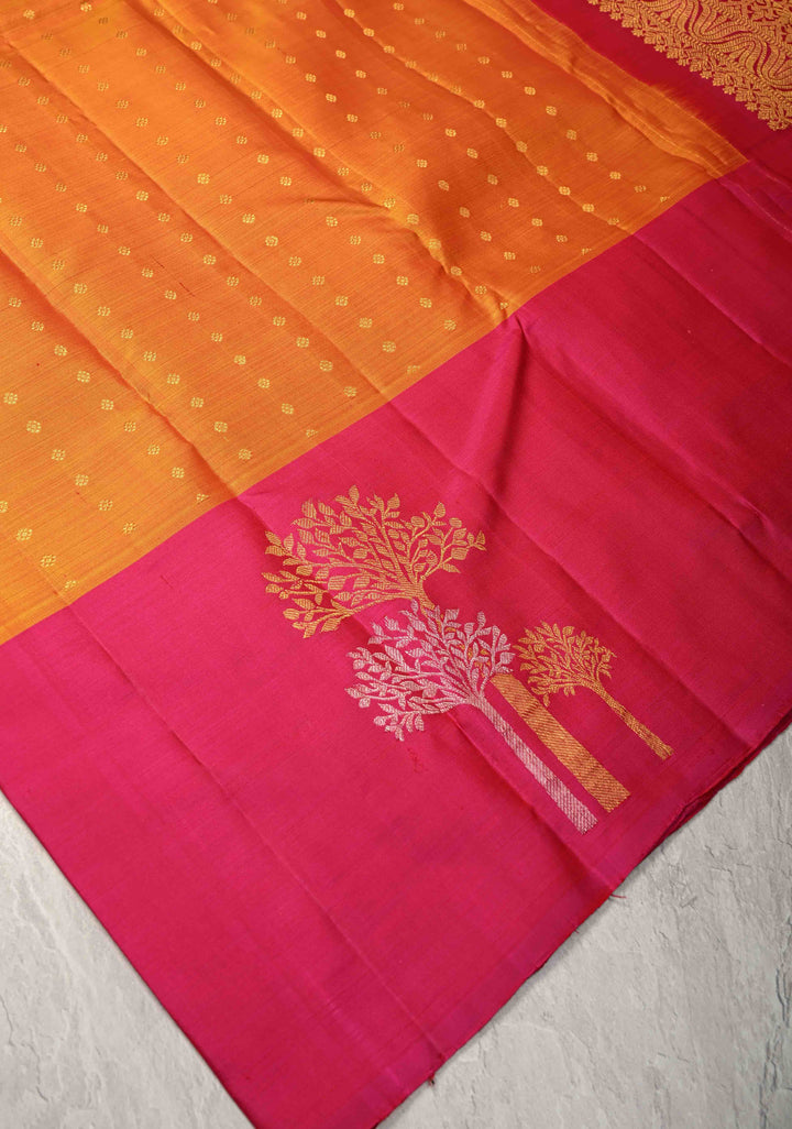 Orange Pure Kanjivaram Silk Saree with Chunri Buttis and Destict Tree Motifs on Contrast Border | SILK MARK CERTIFIED