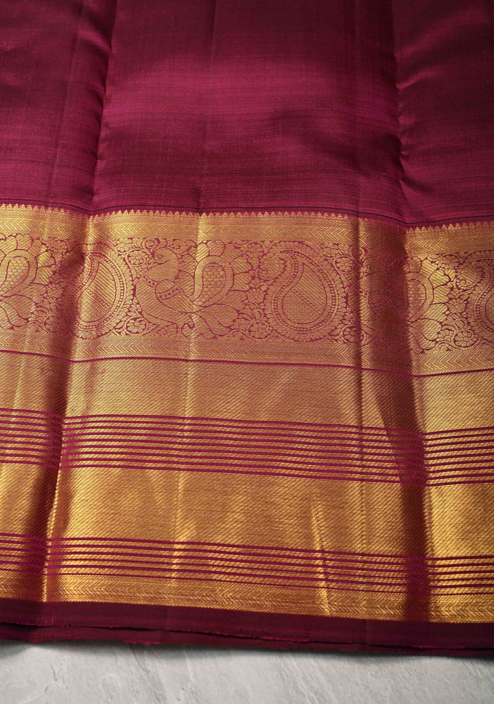 Dark Magenta Gold-Silver Stripes and Peacock Buttas on Pure Kanjivaram Silk Saree with Zari Border | SILK MARK CERTIFIED